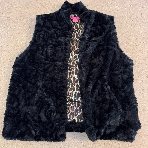 Betsey Johnson Jackets & Blazers - Betsey Johnson Shaggy Faux Fur Black Vest Large Festive Rockstar Y2K Retro Party